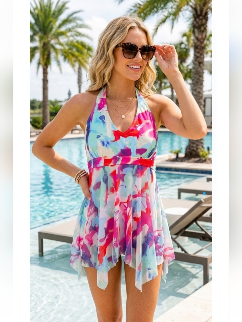 Colorful Watercolor Halter Swimdress - Pink, Blue, Purple Sz L